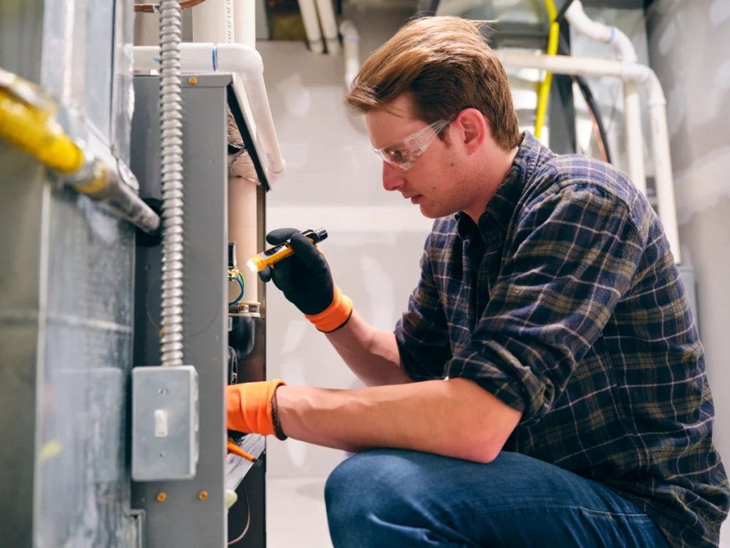 Furnace Repair A man wearing a plaid shirt and safety glasses is diligently working on a furnace, ensuring safety and precision.