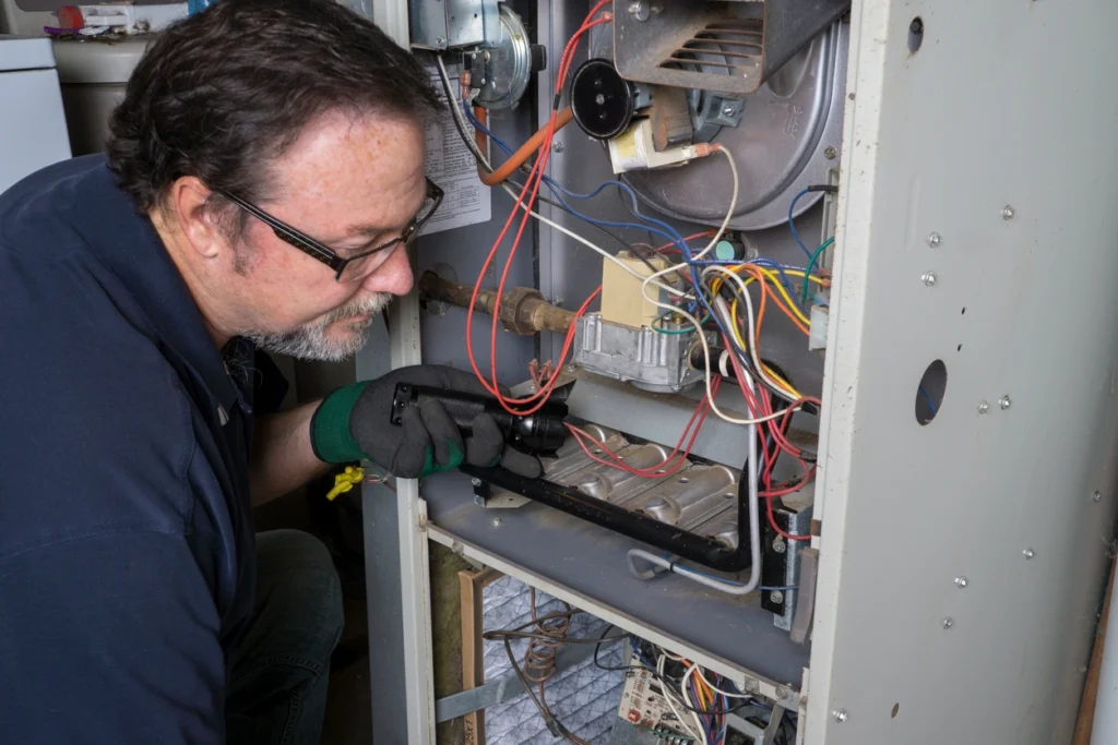 Furnace Installation A man diligently operates a furnace in a residential setting, ensuring warmth and comfort in the home.