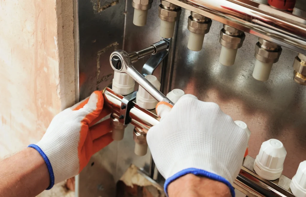 Cool Cats Heating And Cooling A technician in gloves is repairing a water heater, ensuring proper maintenance and functionality of the appliance.